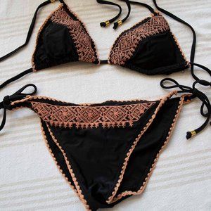 Black and Pink Embroidered String Bikini w/Bonus Top